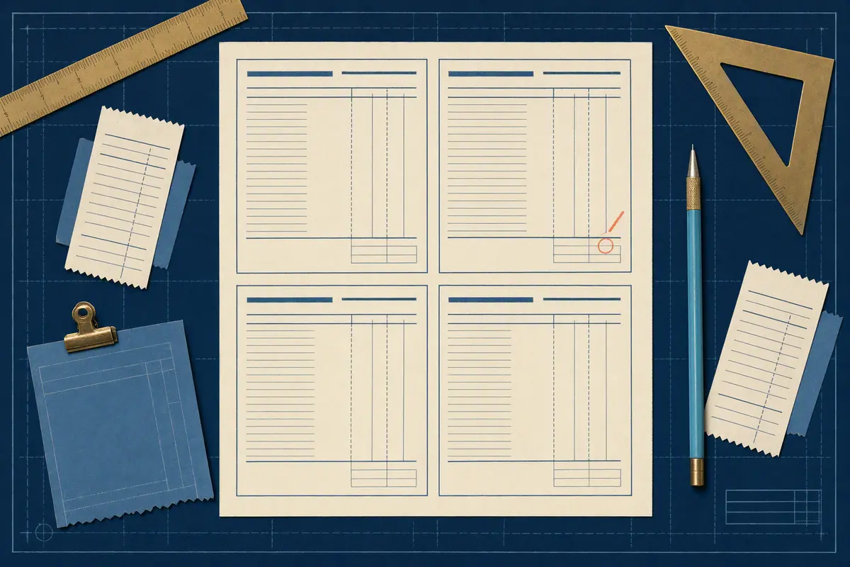 A blueprint drafting desk with a ledger sheet divided into four measured sections